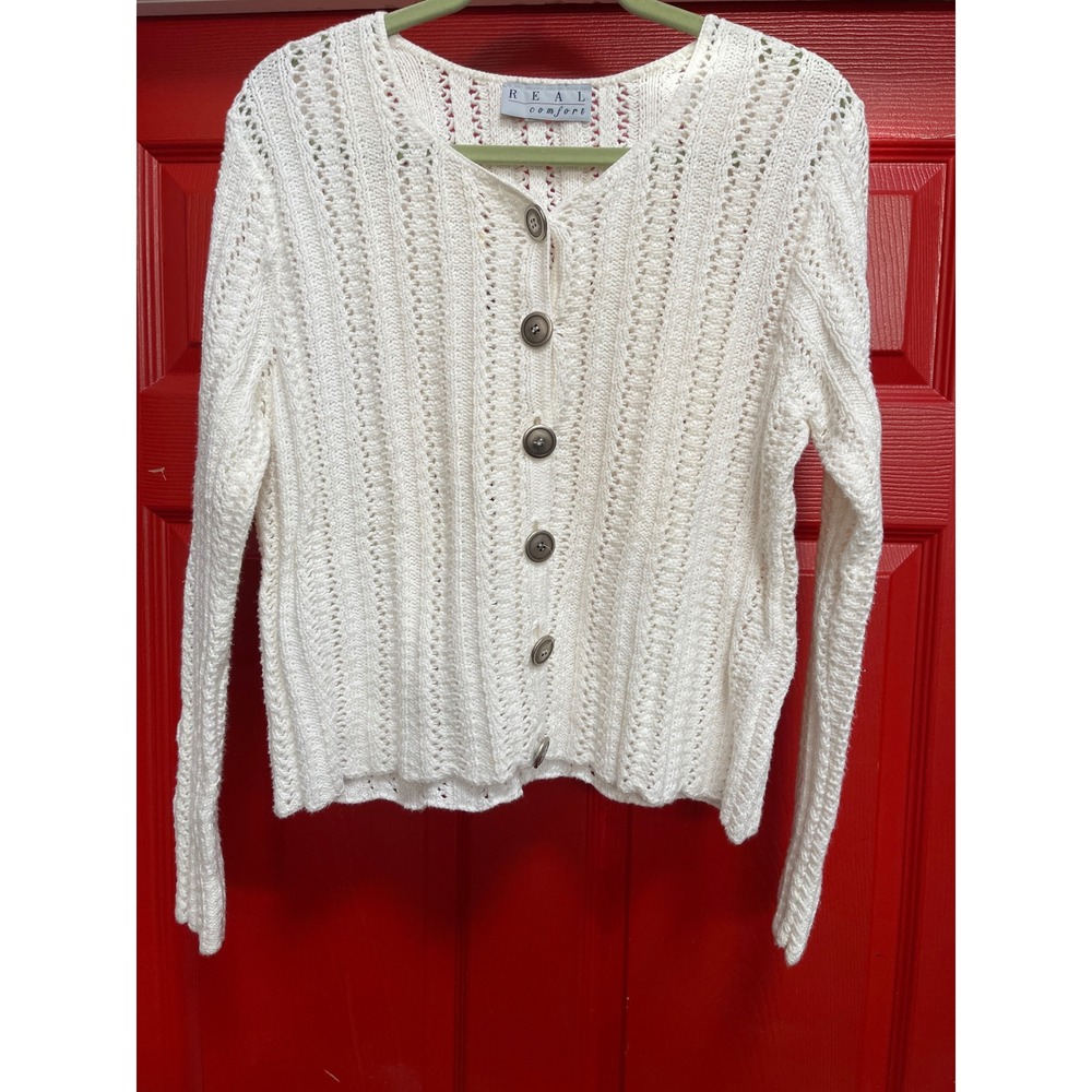 Real Comfort White Pointelle Open Knit Button Front Cardigan Sweater